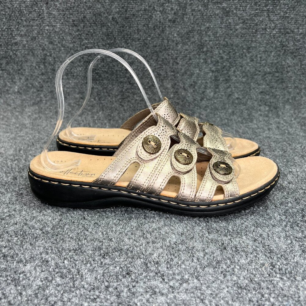 Clarks Sandals Women's Size‎ 8.5 Bronze Leather Button Adjustable Comfort Slides